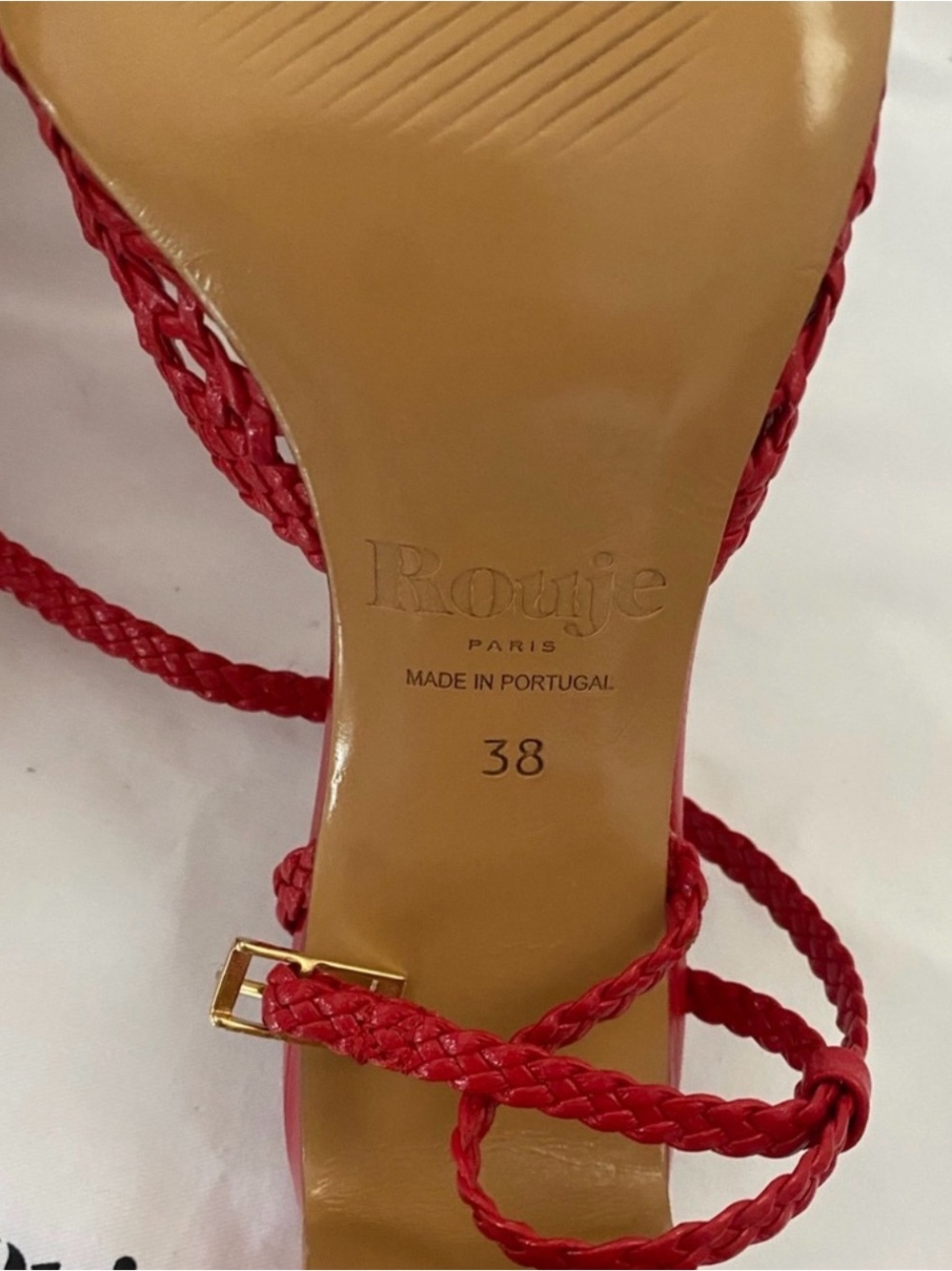 Rouje Liz Sandals Cherry Red Braided Leather Heels 39 / 7.5 - Picture 5 of 12